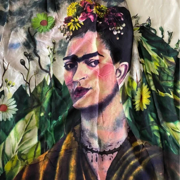 Frida Kahlo Portrait Scarf/Sarong- Green, Pink, Yellow Floral Print - Picture 1 of 4